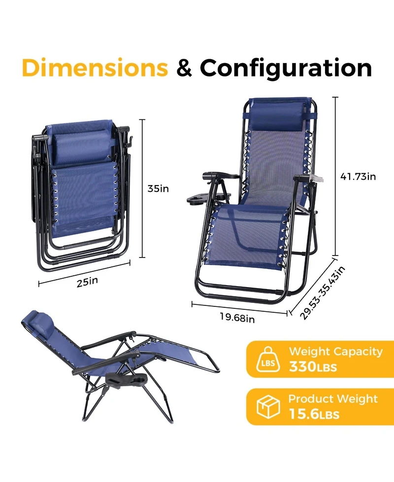 Yiortwo Set of 2 Zero Gravity Lounge Chairs Reclining Patio with Cup Holder