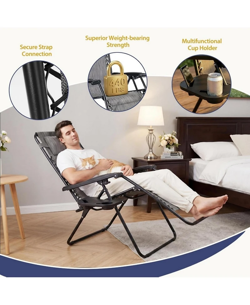 Yiortwo Set of 2 Zero Gravity Lounge Chairs Reclining Patio Chairs with Cup Holder