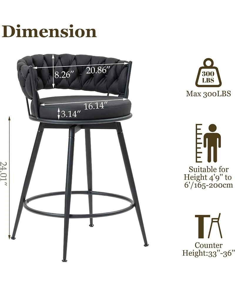 Dyhome 26 Inch Counter Height Bar Stools Set of 2, Swivel Pu Leather with Wood Backs, for Kitchen Island, Dining Room