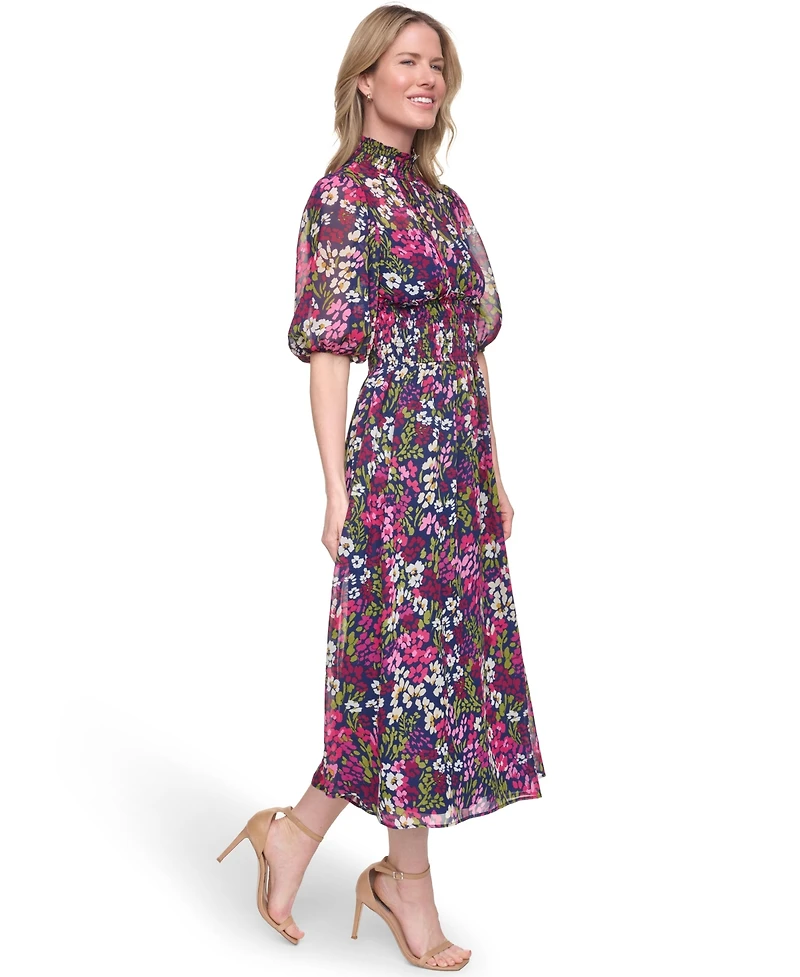 Jessica Howard Petite Mock Neck Elbow-Sleeve Smocked Waist Midi Dress