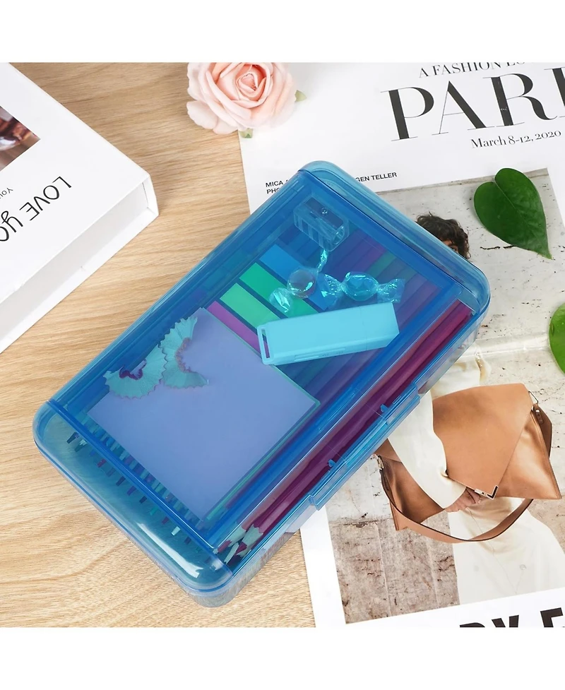 Danrong 2 Pack Double Layer Plastic Pencil Box Large Capacity, Hard Snap Lid Case for School Office Supplies