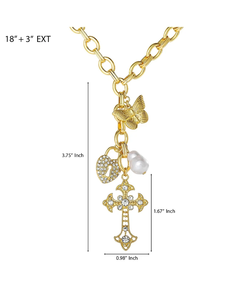 Jessica Simpson Gold-Tone Charm Link Necklace with Cross, Heart and Pearl Accents