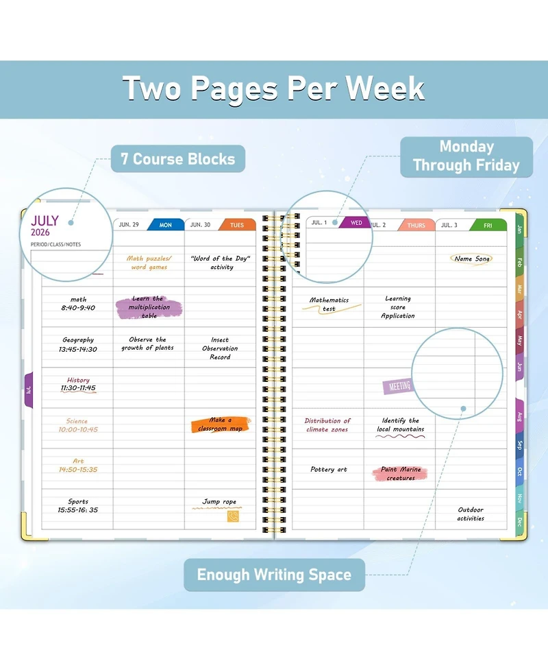 Gnuadz 2026-2027 Academic Year Teacher Planner Lesson Plan Book - Spiral-Bound, with Monthly Index Tabs and Stickers