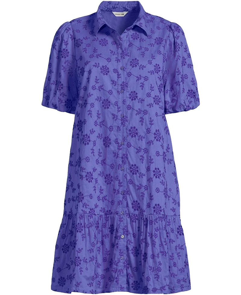 Lands' End Women's Elbow Sleeve Eyelet Knee Length Shirt Dress