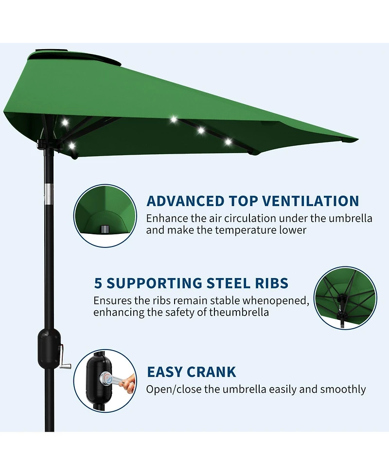 homfan 9FT Half Patio Umbrella with Led Lights, Uv Protection, Sturdy Canopy and Easy Crank for Patio, Garden, Deck, Balcony and Table