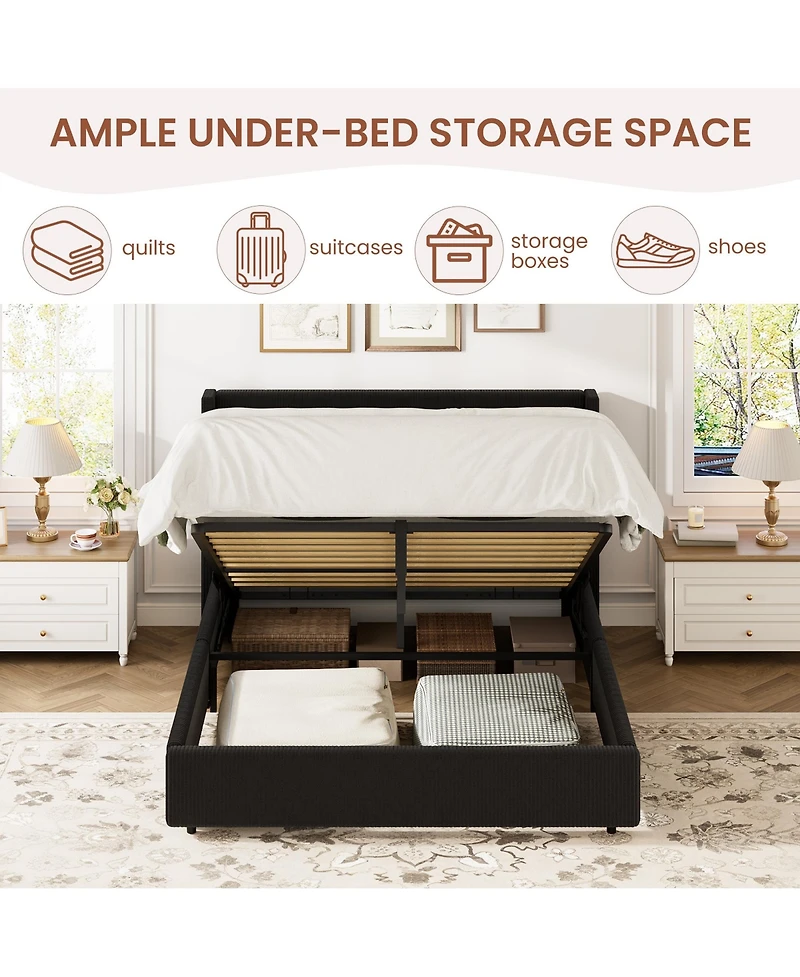 gaomon Lift Up Storage Bed Frame – Corduroy Upholstered Platform with Gas Lift, Padded Headboard, No Box Spring Needed