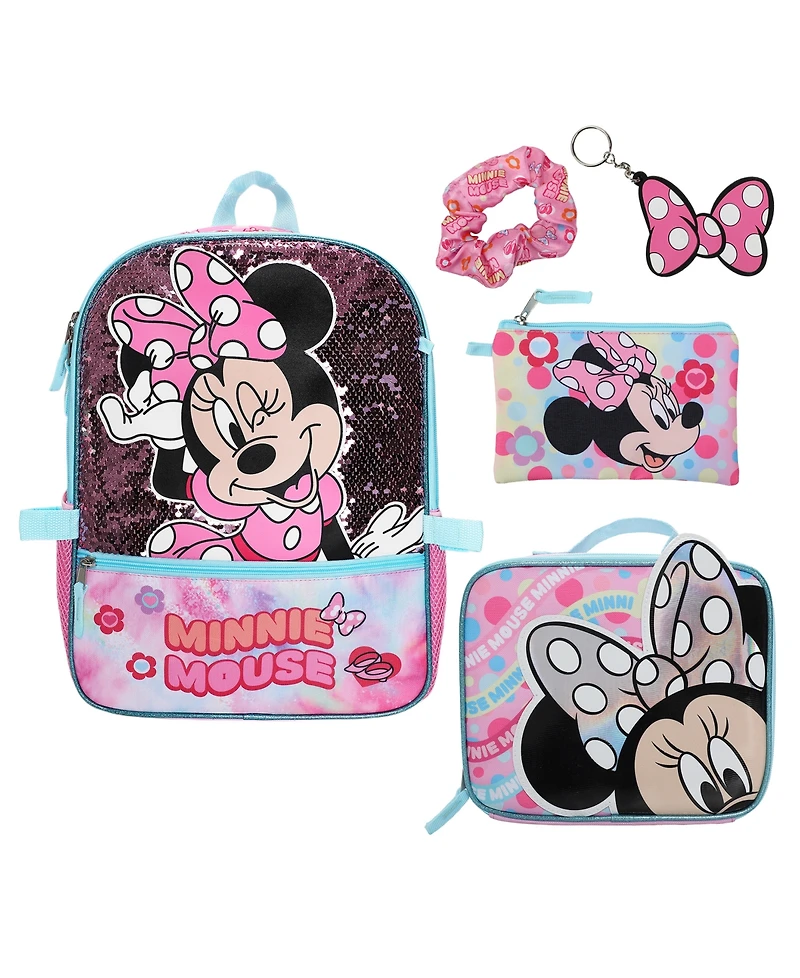 Minnie Mouse Boys' and Girls' Backpack, Lunch Bag, Pencil Case, Key Chain and Carabiner, 5-Piece Set