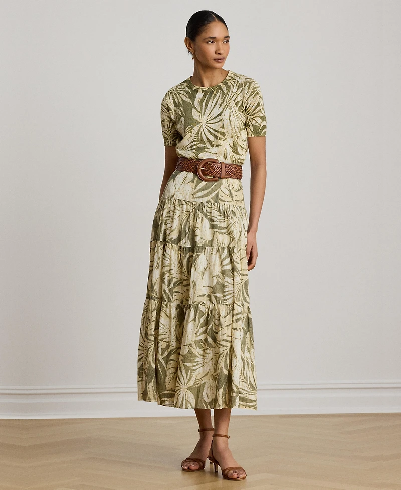 Lauren Ralph Women's Elasticized Waist Tiered A-Line Midi Skirt