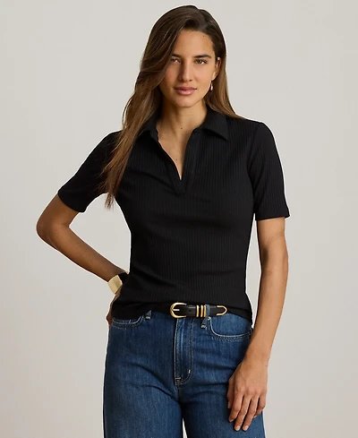Lauren Ralph Petite Collared Rib-Knit Polo Top