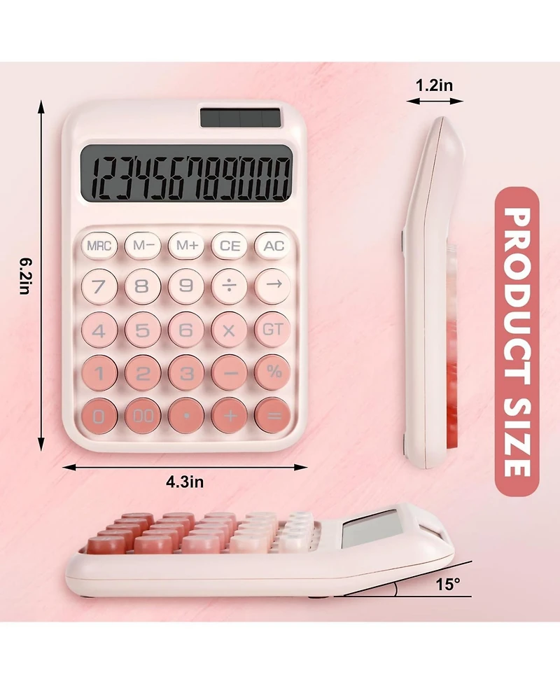 Danrong Mechanical Switch Big Button Calculator, 12 Digits Solar/Battery, Large Lcd Display Cute Pink for Teachers Students