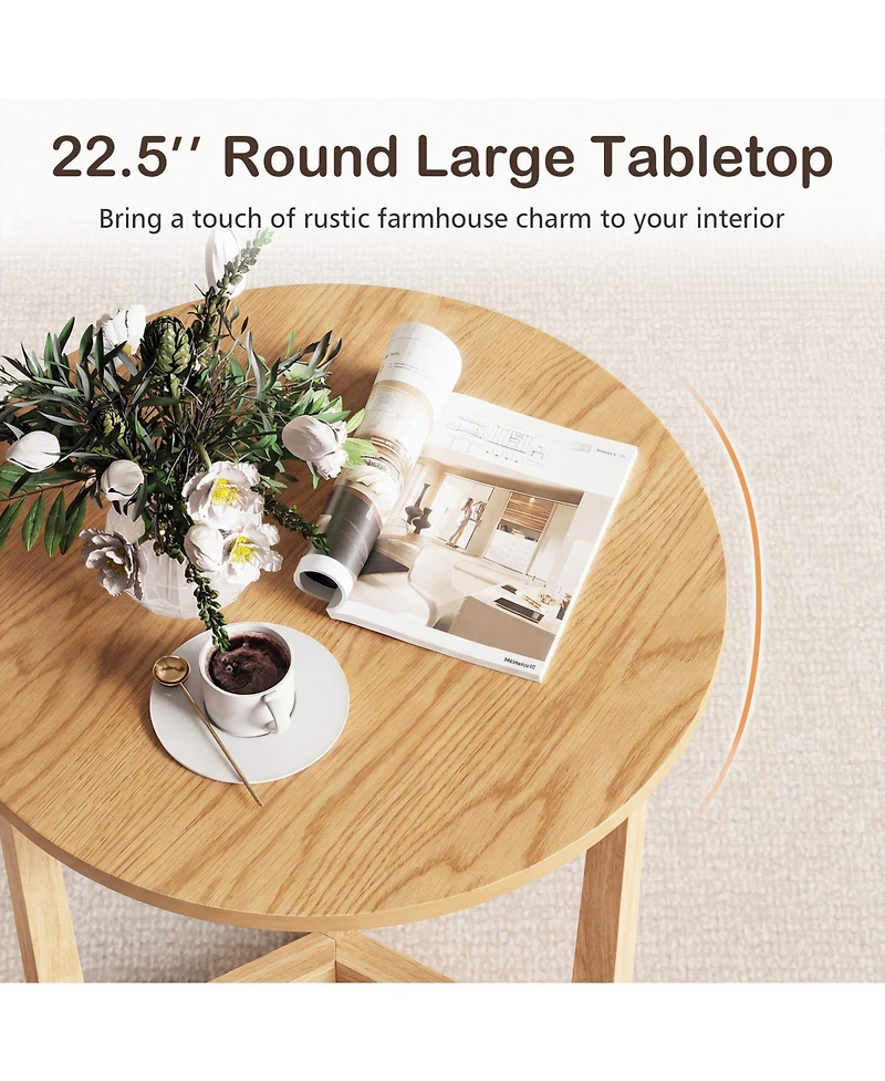 Gymax Round Side Table with Sturdy Rubber Wood Legs and Triangular Structure for Bedroom