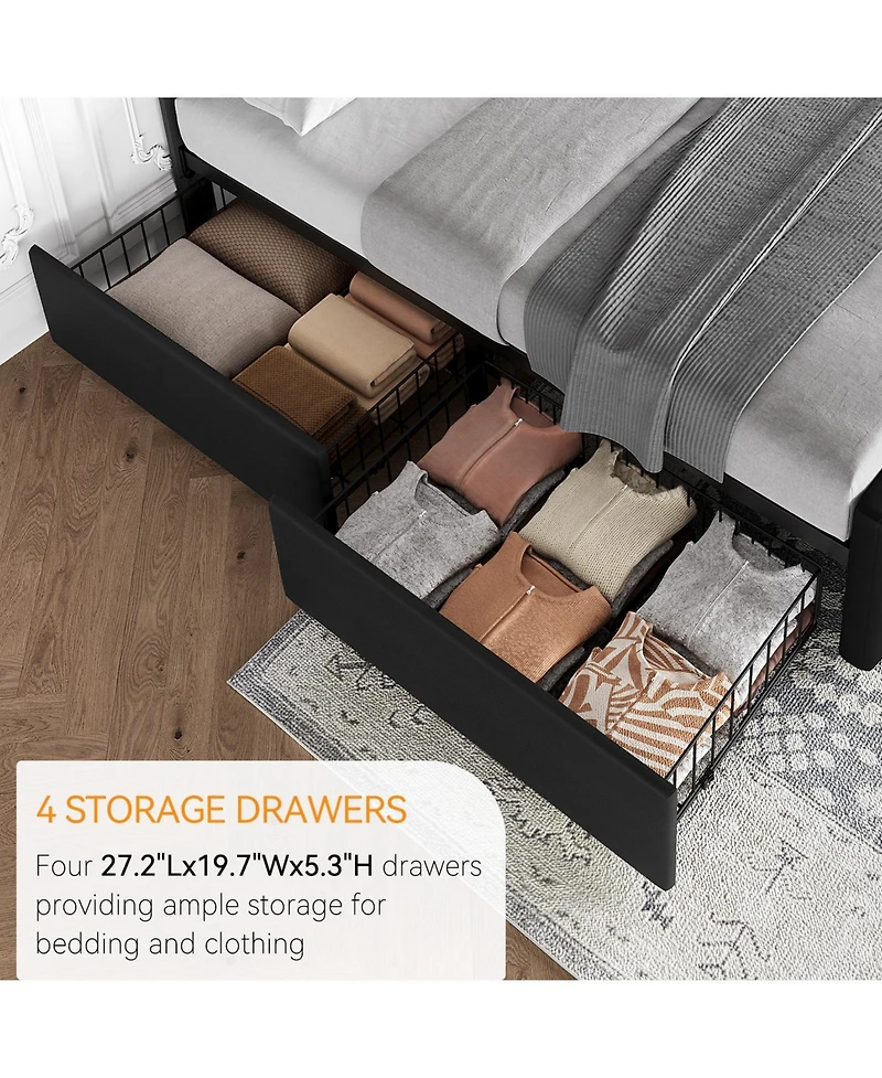 Homfan Upholstered Platform Bed Frame with 4 Storage Drawers, Button Tufted Headboard, Wooden Slats