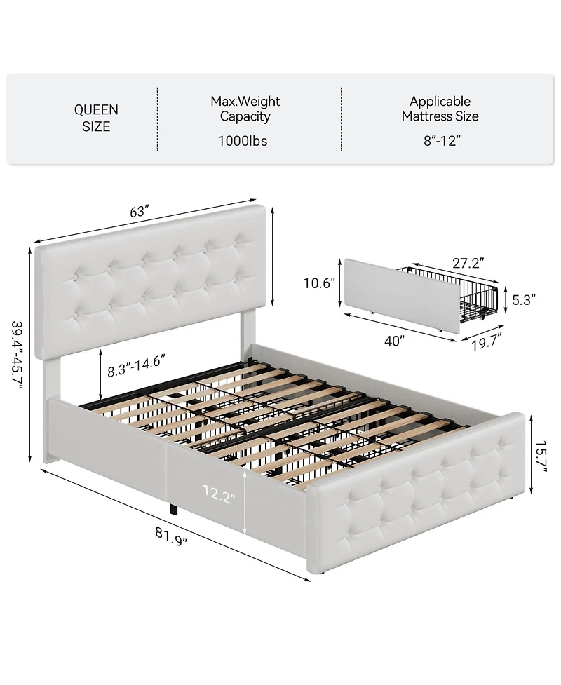 Homfan Upholstered Platform Bed Frame with 4 Storage Drawers, Button Tufted Headboard, Wooden Slats