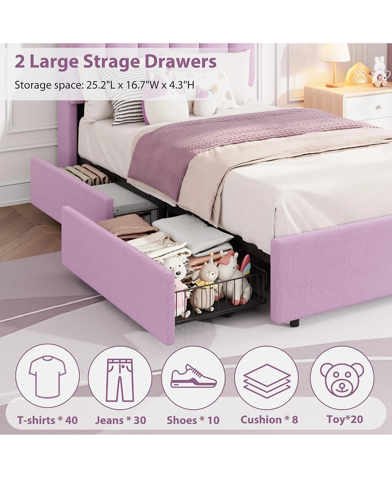 homfan Upholstered Platform Bed Frame with Led Storage Headboard and 2 Drawers