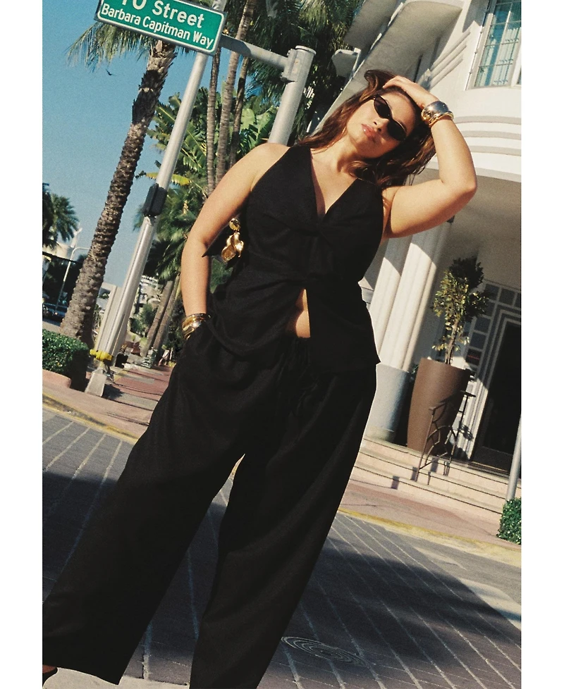 Eloquii Women's Drawstring Wide Leg Linen Pant