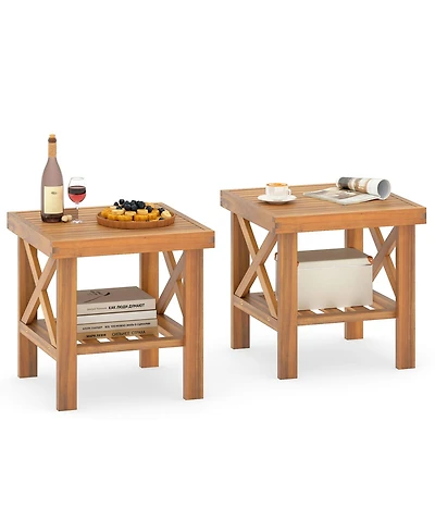 Gymax 2pieceOutdoor Side Table Acacia Wood Adirondack Table with Storage Shelf