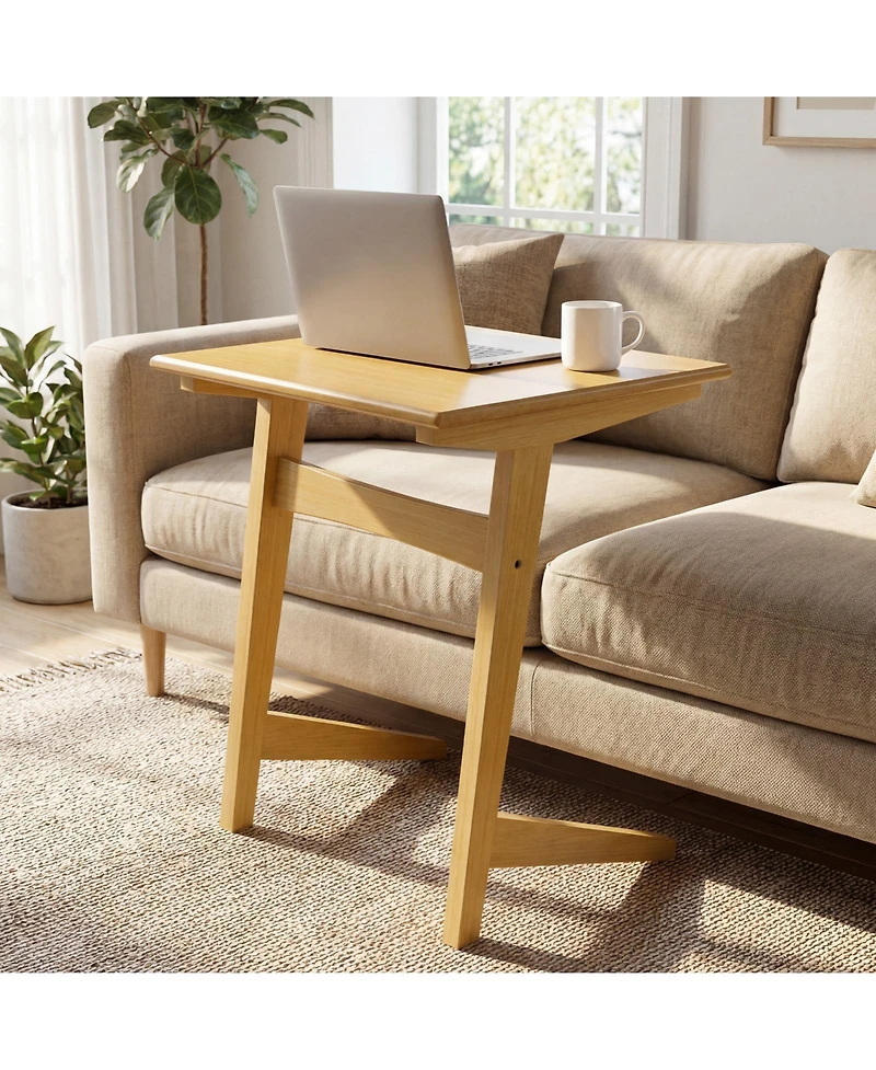 Gymax Wood Sofa Side Table Set of 2 with Wood Veneered Top and Solid Rubber Wood Frame