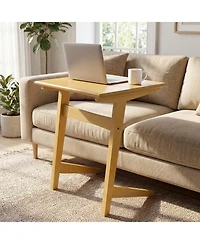 Gymax Wood Sofa Side Table Set of 2 with Wood Veneered Top and Solid Rubber Wood Frame