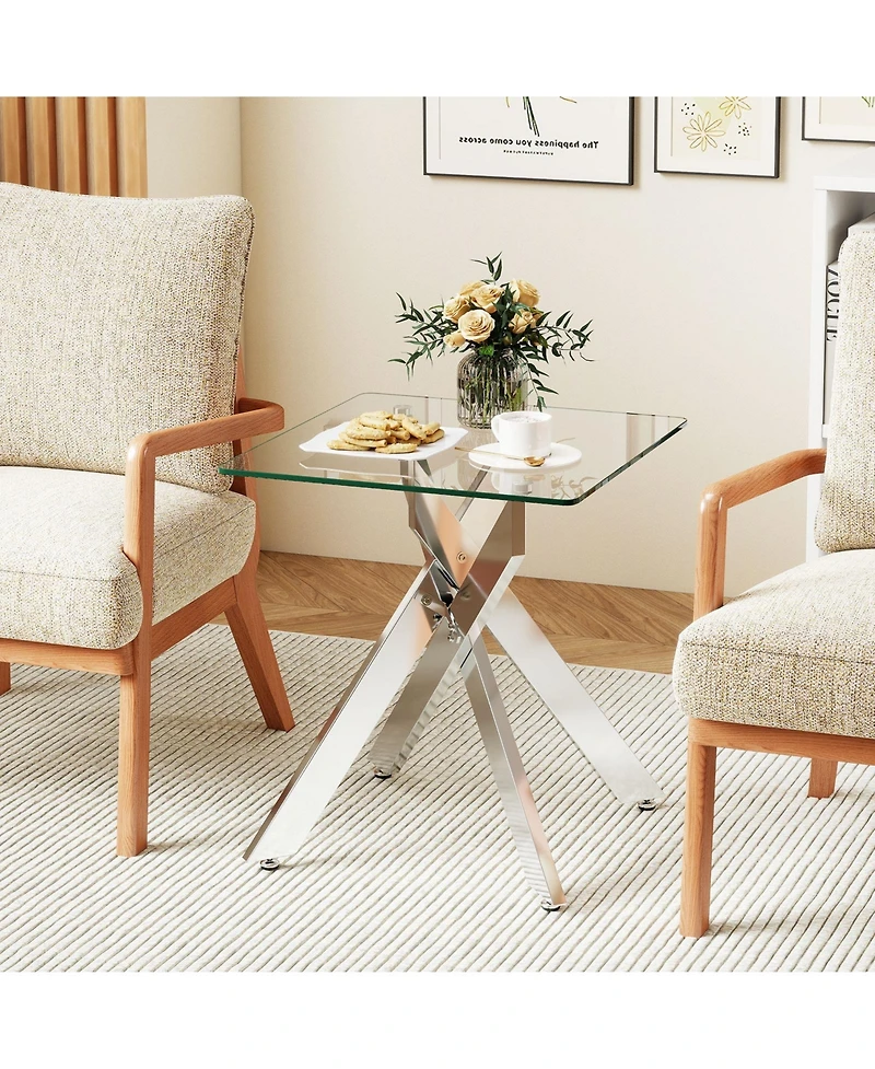 Gymax Glass Side Table Square End Table with Tempered Glass Top and Metal X Base