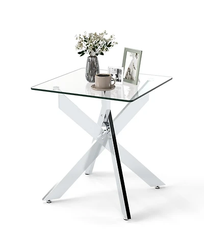 Gymax Glass Side Table Square End Table with Tempered Glass Top and Metal X Base