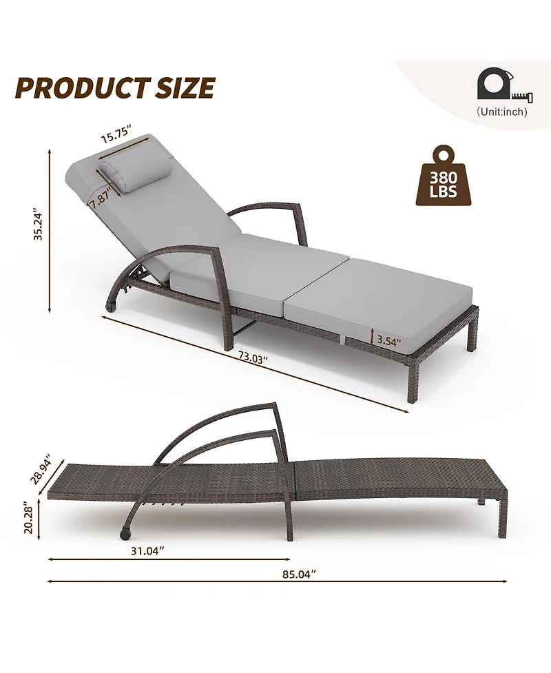 Homfan Adjustable Wicker Outdoor Chaise Lounge Chair with Wheels and Thick Washable Cushion, 5-Position Rattan Patio Recliner for Pool Garden