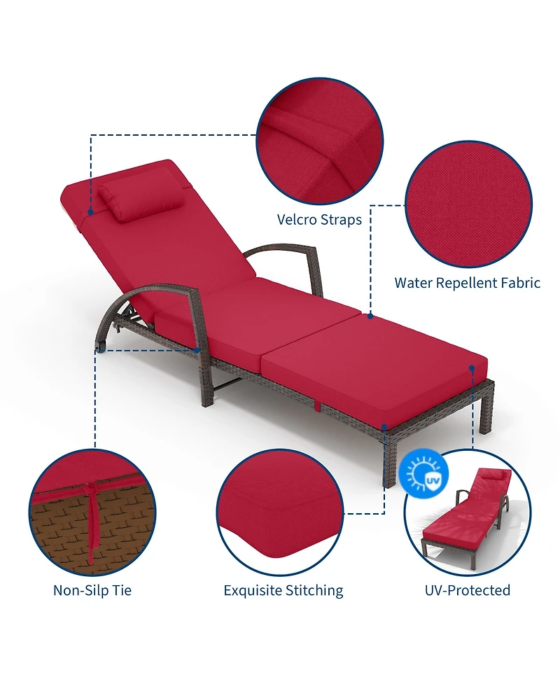 Homfan Adjustable Wicker Outdoor Chaise Lounge Chair with Wheels and Thick Washable Cushion, 5-Position Rattan Patio Recliner for Pool and Garden