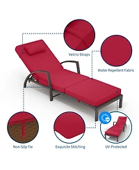 Homfan Adjustable Wicker Outdoor Chaise Lounge Chair with Wheels and Thick Washable Cushion, 5-Position Rattan Patio Recliner for Pool and Garden
