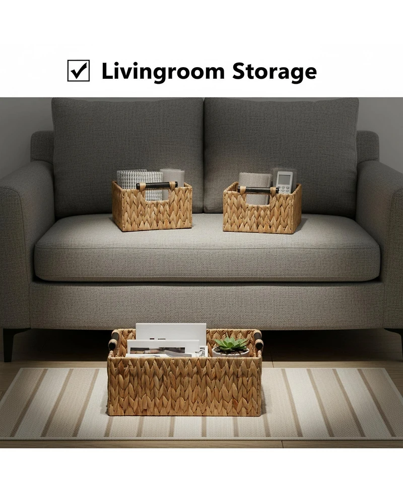 Yigii Storage Baskets 3 Pack Handwoven Water Hyacinth Wooden Handles Organizing Toys