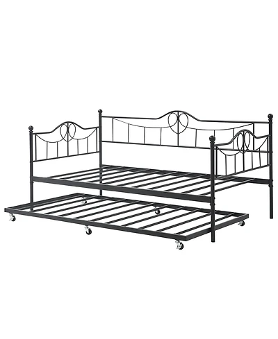 Daybed with Pull-Out Trundle, Metal Sofa Bed Frame with Slat Support and Decorative Headboards for Bedroom or Guest Room