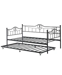 Daybed with Pull-Out Trundle, Metal Sofa Bed Frame with Slat Support and Decorative Headboards for Bedroom or Guest Room