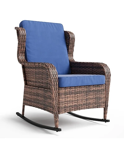 homfan Outdoor Wicker Rocking Chair with Cushions, All-Weather Patio Rocker for Porch, Deck, Balcony, or Garden