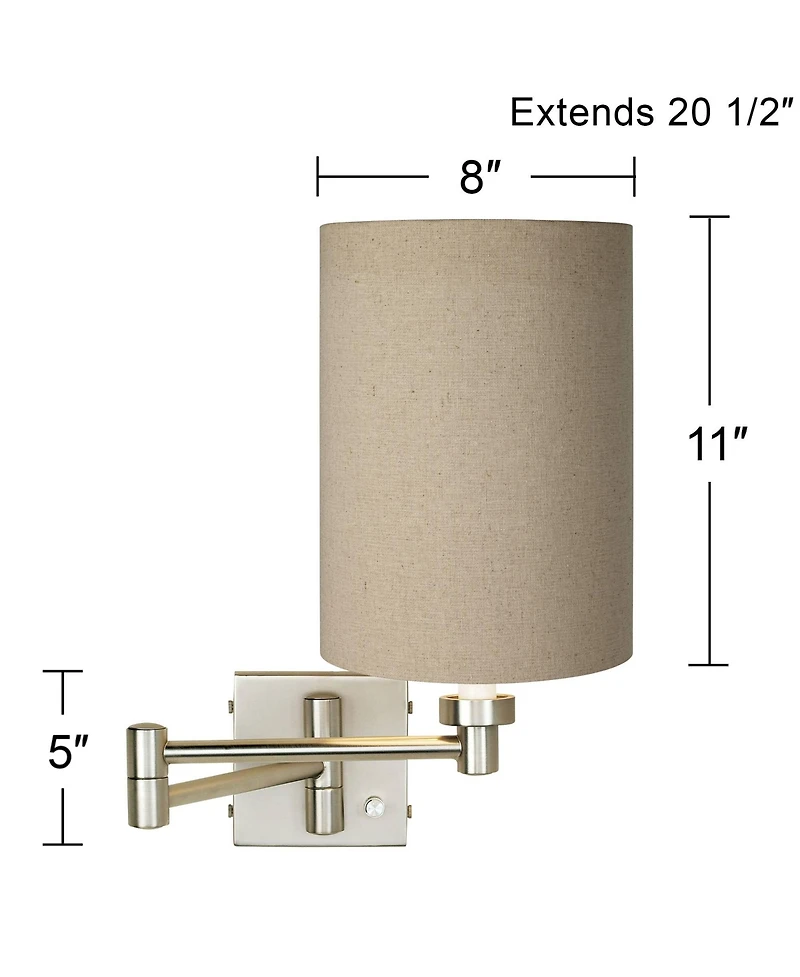 Possini Euro Design Modern Swing Arm Wall Lamp Brushed Nickel Plug-In Light Fixture Cotton Blend Cylinder Shade for Bedroom