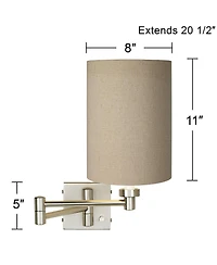 Possini Euro Design Modern Swing Arm Wall Lamp Brushed Nickel Plug-In Light Fixture Cotton Blend Cylinder Shade for Bedroom