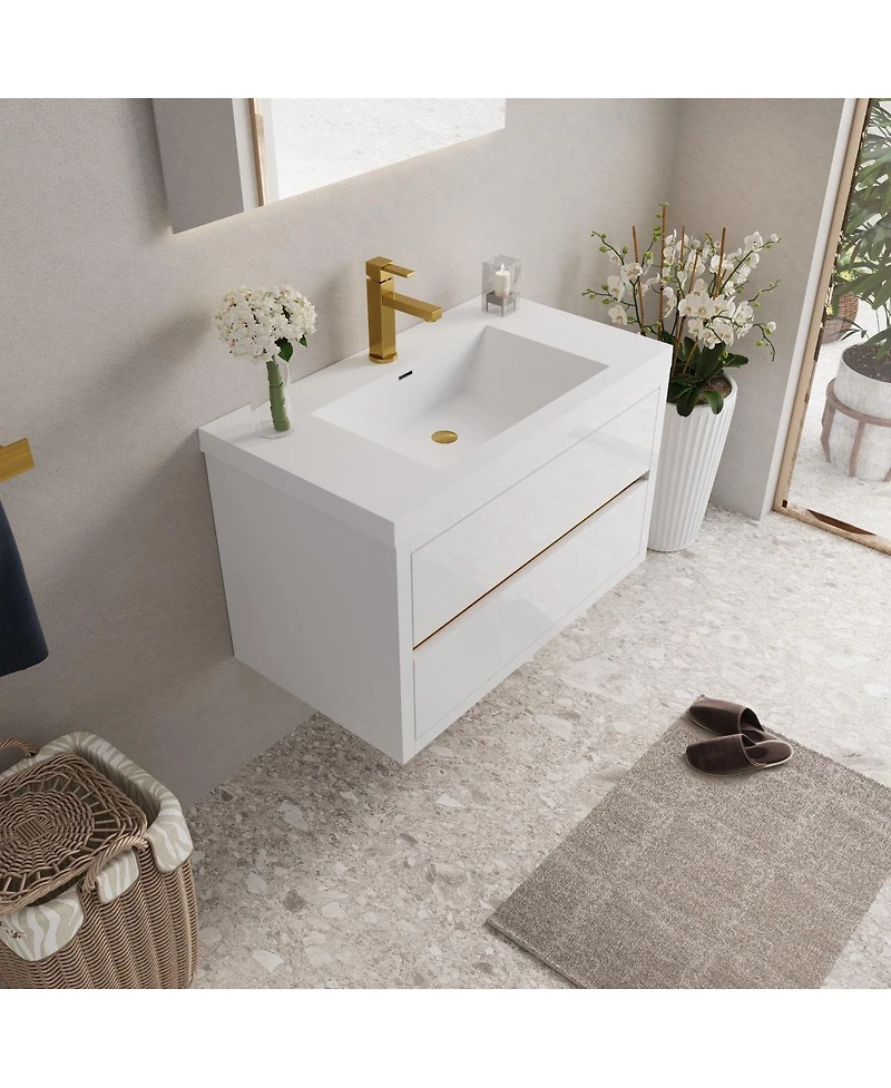 Sillysis Wall Mounted Bathroom Vanity with Glossy Resin Sink, Soft Close Drawers