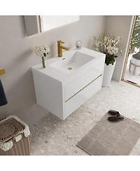 Sillysis Wall Mounted Bathroom Vanity with Glossy Resin Sink, Soft Close Drawers