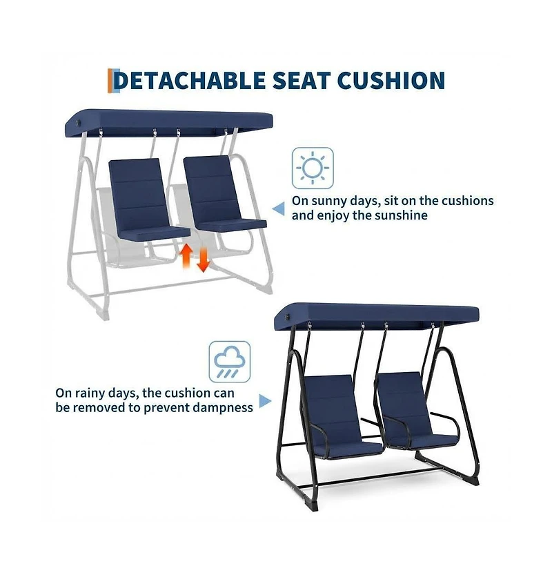 GarveeLife 3-Seat Outdoor Patio Swing Chair with Adjustable Canopy and Reclining Backrest Heavy Duty Metal Frame Thick Resistant For Backyard