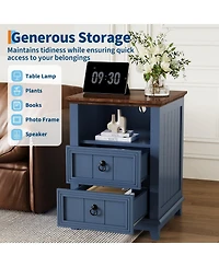 homfan 18 Inch Modern Farmhouse Wooden Bedside Table with Charging Station, 2 Drawers and Open Shelf, End Table for Bedroom and Living Room