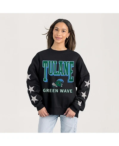 Gameday Couture Women's Black Tulane Green Wave Pure Victory Relaxed Rhinestone Pullover Sweatshirt