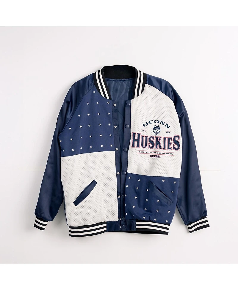 Gameday Couture Women's Navy UConn Huskies Oversized Inner Drive Varsity Rhinestone Full-Snap Bomber Jacket