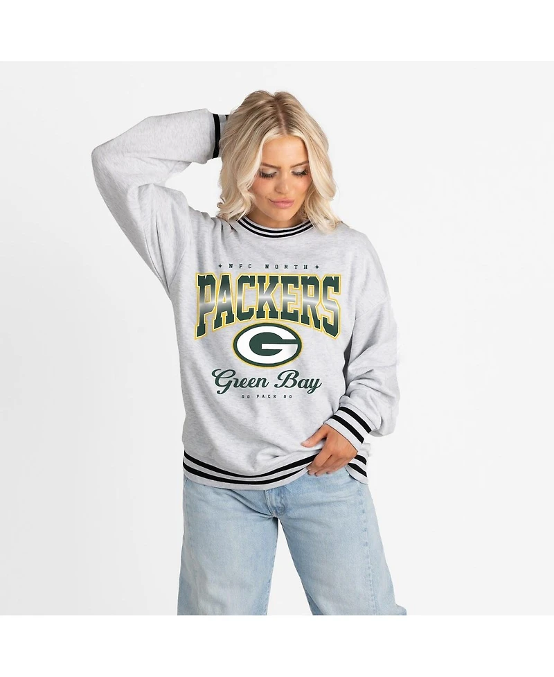 Gameday Couture Women's Ash/Black Green Bay Packers Oversized Gridiron Drive Ringer Stripe Sweatshirt