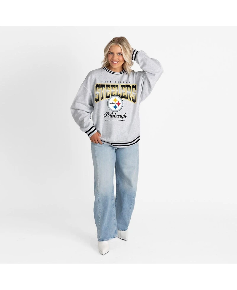 Gameday Couture Women's Ash/Black Pittsburgh Steelers Oversized Gridiron Drive Ringer Stripe Sweatshirt