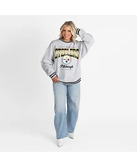 Gameday Couture Women's Ash/Black Pittsburgh Steelers Oversized Gridiron Drive Ringer Stripe Sweatshirt