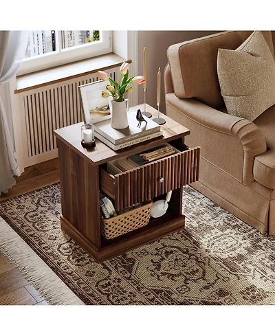homfan Mid Century Modern Fluted Bedside Cabinet with Drawer, Space Saving Bedside Table with Large Storage for Bedroom and Living Room