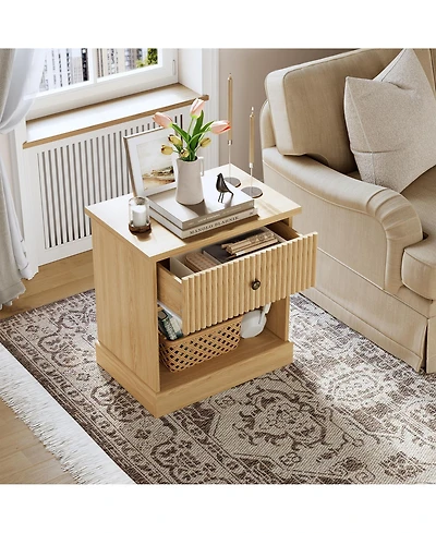 homfan Mid Century Modern Fluted Bedside Cabinet with Drawer, Space Saving Table Large Storage for Bedroom and Living Room