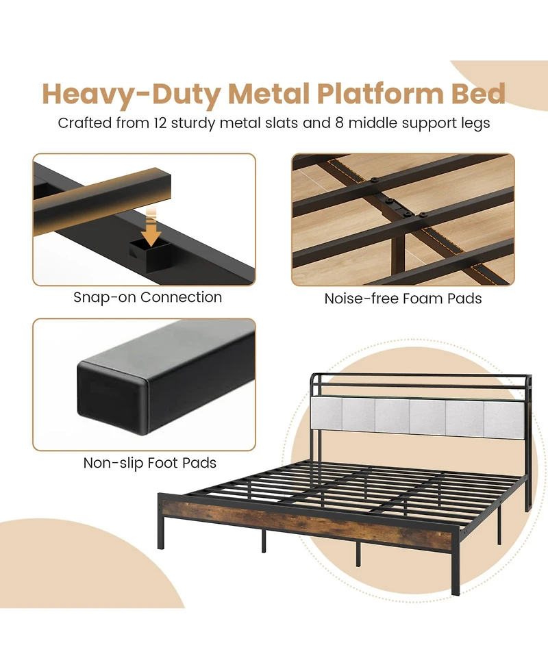Gymax King Size Bed Frame w/Led Light and Charging Station Heavy Duty Metal Platform Bed