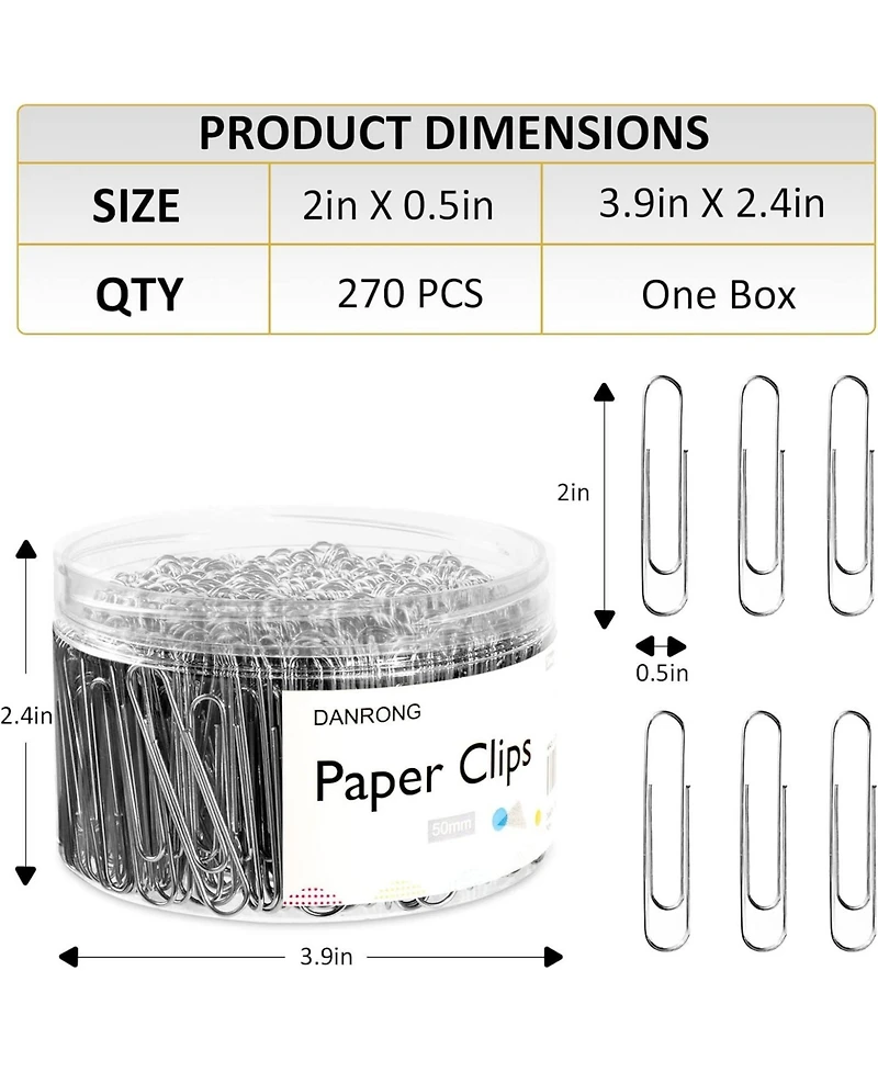 Danrong Silver Jumbo Paper Clips, 270pcs 2 Inch (50 mm) Paper Clip, Large Paperclips Great for Office School and Personal Use