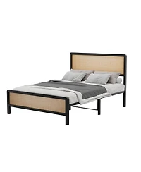 homfan Rattan Platform Bed Frame with Curved Headboard and Footboard, Metal Slat Support, Underbed Storage, No Box Spring Needed