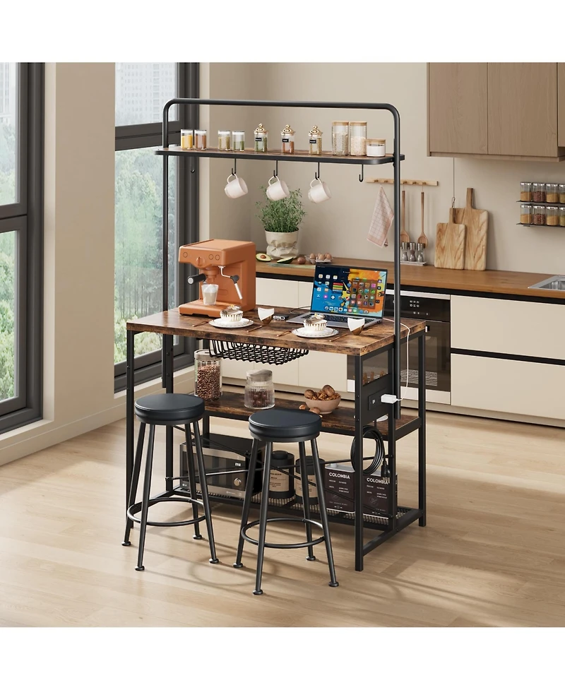 homfan 42 Inch Industrial Bar Table with Storage Power Outlet 2 Stools 3 Baker Rack 5 Hooks Microwave Stand Annual Rings Finish