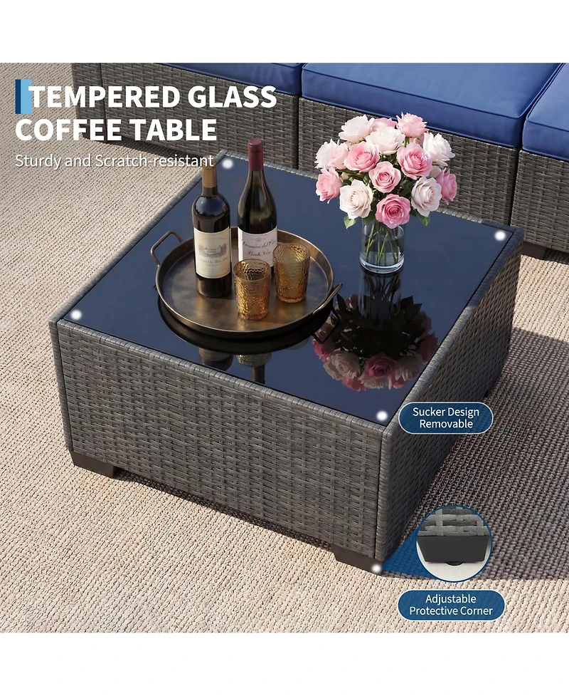 homfan 7-Piece Outdoor Sectional Set with Pe Rattan Wicker, Thick Cushions and Tempered Glass Coffee Table, Modular Patio Seating