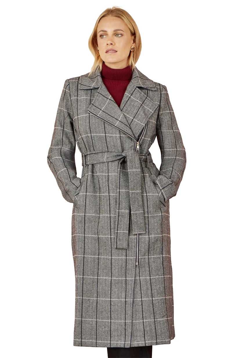 Yumi Women's Check Oversize Long Biker Coat